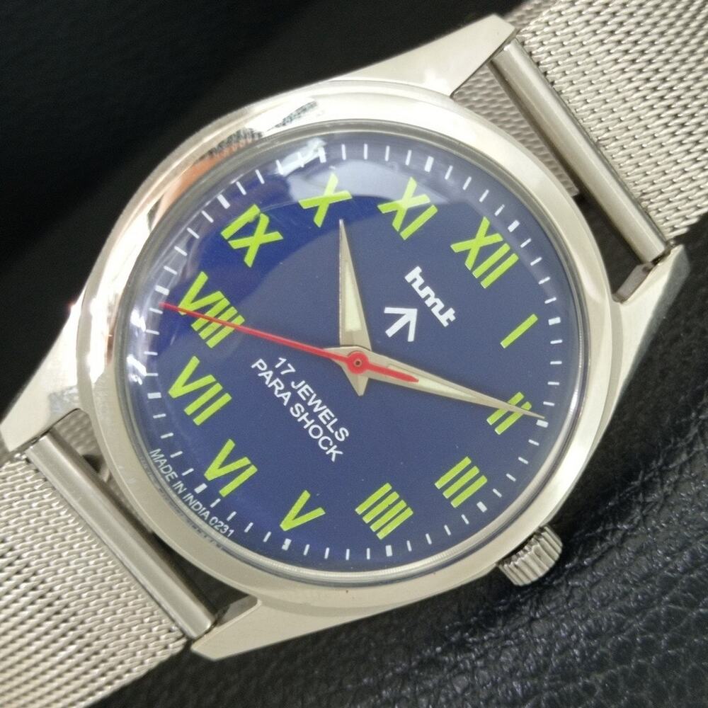 Vintage 1989 HMT Manual Wound Mens Silver Watch & Blue accents